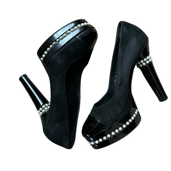 Chanel Black Satin and Patent Leather Cap Toe Pearl Platform Pumps Size 38 - Picture 5 of 14